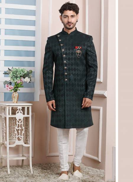 Dark Green Colour Party Wear Mens Jaquard Silk Indo Western Collection 1688